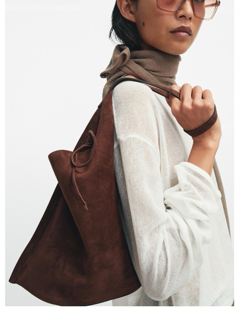 Zara Suede Leather Flat Hobo Shoulder Bag - Brown